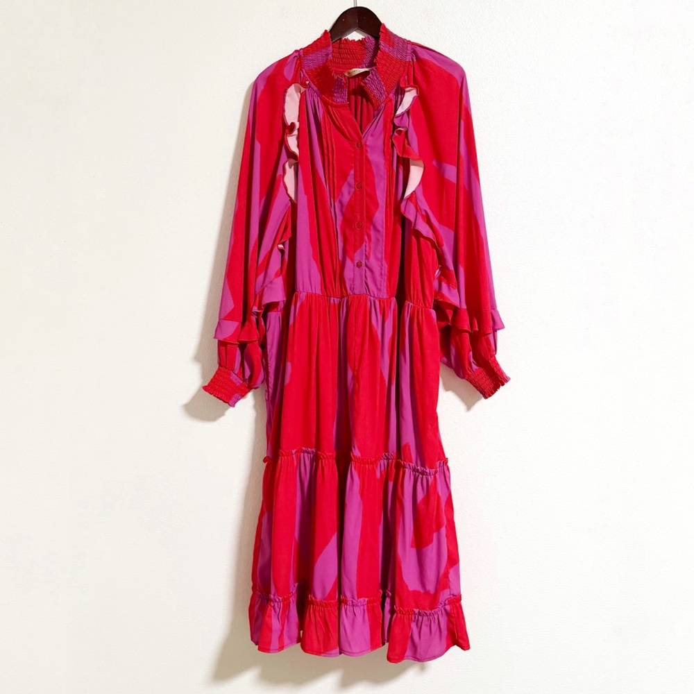 Eshakti Wayward Fancies Crepe Georgette Smocked Neck Tiered Ruffle Midi Dress